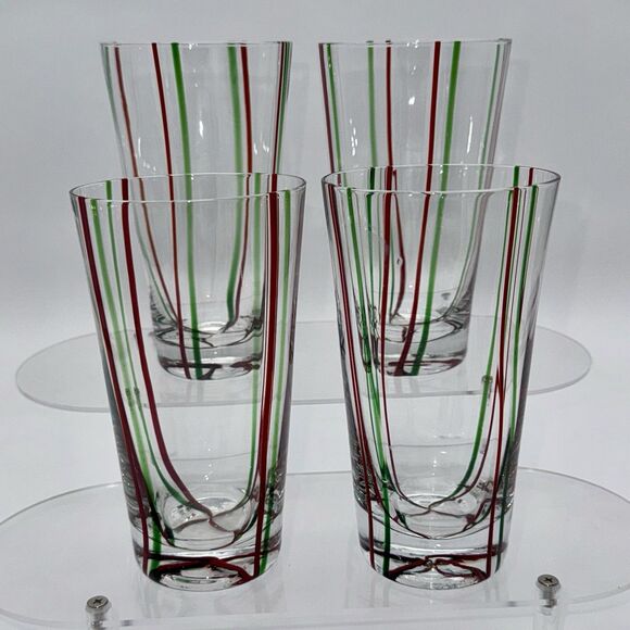 VTG Pier 1 Imports Christmas Set Of 4 Red & Green Stripes Highball Mouth-Blown - Picture 1 of 4